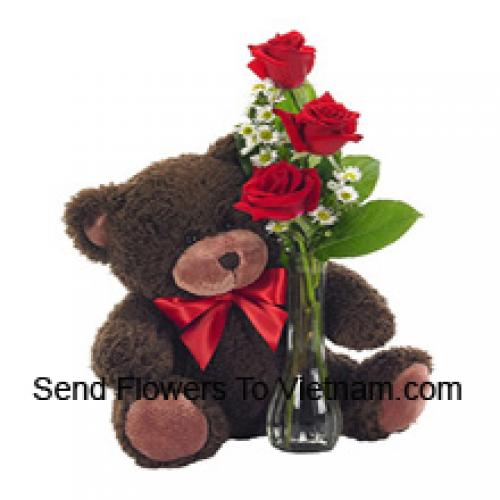 3 Rose Rosse con Bellissimo Orsacchiotto di 14 Pollici