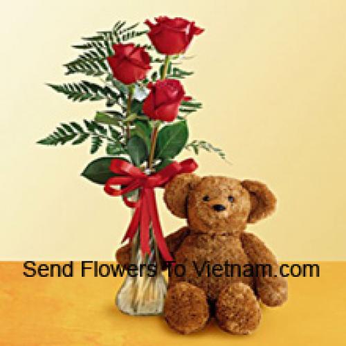 3 Rode Rozen met 12 Inch Teddy