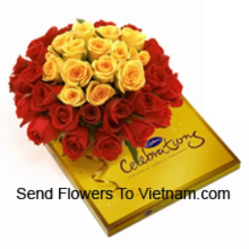 Bunch Of 24 Red And 12 Yellow Roses With Seasonal Fillers Along With A Beautiful Box Of Cadbury Chocolates