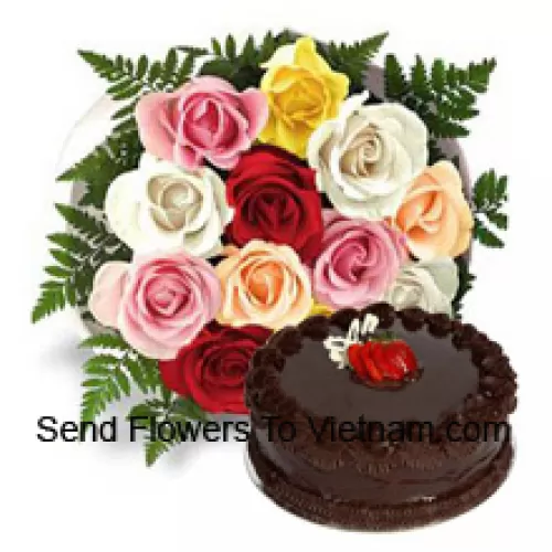 Conjunto de 12 rosas mistas com enchimentos sazonais, juntamente com 1 libra (1/2 kg) de bolo de trufa de chocolate (Por favor, note que a entrega do bolo está disponível apenas para a região metropolitana de Manila. Quaisquer pedidos de entrega de bolo fora da região metropolitana de Manila serão substituídos por bolo de brownie de chocolate sem creme ou o destinatário receberá um voucher da Red Ribbon suficiente para comprar o mesmo bolo)