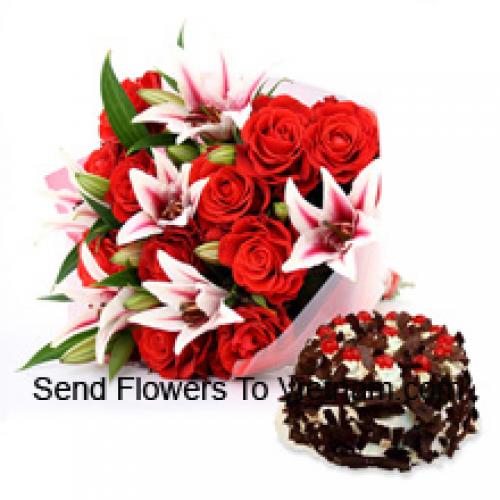 Roses and Lilies with Yummy 1 Kg Choco Crisp Cake