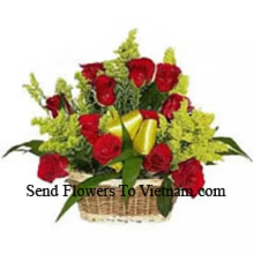 Basket Of 18 Red Roses With Seasonal Fillers