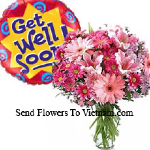 Assorted Flowers In A Vase And A Get Well Soon Balloon