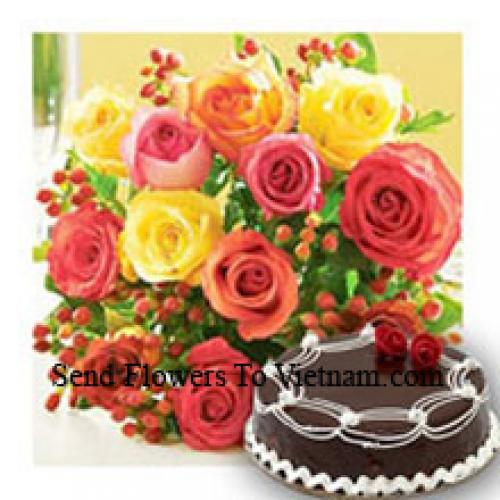 12 Mixed Roses with Yummy Chocolate Cake