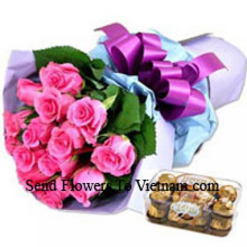 12 Pink Roses mit leckeren 16 Stk. Ferrero Rochers