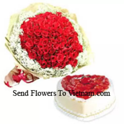 Ramo de 100 rosas rojas con relleno estacional y pastel de piña en forma de corazón de 1 kg (Tenga en cuenta que la entrega de pasteles solo está disponible para la región de Metro Manila. Cualquier pedido de entrega de pasteles fuera de Metro Manila será sustituido por un Pastel de Brownie de Chocolate sin crema o se le ofrecerá al destinatario un Cupón de Red Ribbon suficiente para comprar el mismo pastel)