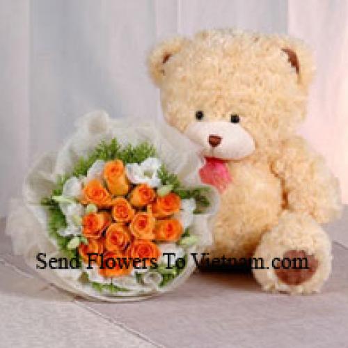 12 Orange Roses mit niedlichem Teddybär