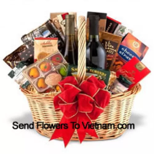 This Gift Basket includes two well-regarded red wines, Specialty crackers, Delicious cheese, savory dips, Smoked seafood, Cookies, Candies and Gourmet coffees or fine teas. (Contents of basket including wine may vary by season and delivery location. In case of unavailability of a certain product we will substitute the same with a product of equal or higher value)