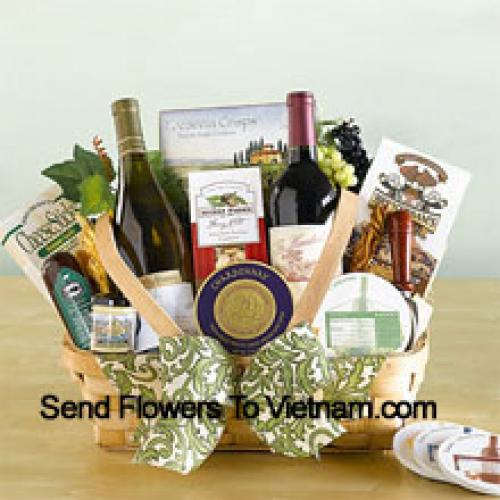 Basket Filled with 2 Wines and Goodies